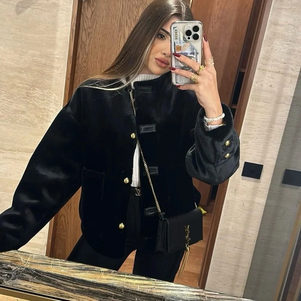 Zara black faux fur jacket with gold buttons - Picture 12 of 12